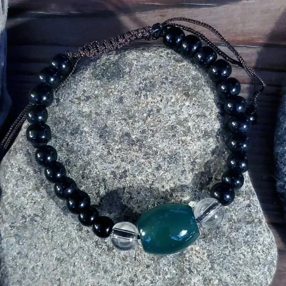 Handcrafted Tibetan Green Barrel Agate Black Beads Healing Gemstone Bracelet 39$
